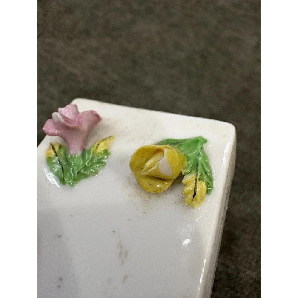 Vintage Porcelain Match Box Holder With Applied Flowers And‎ Matches